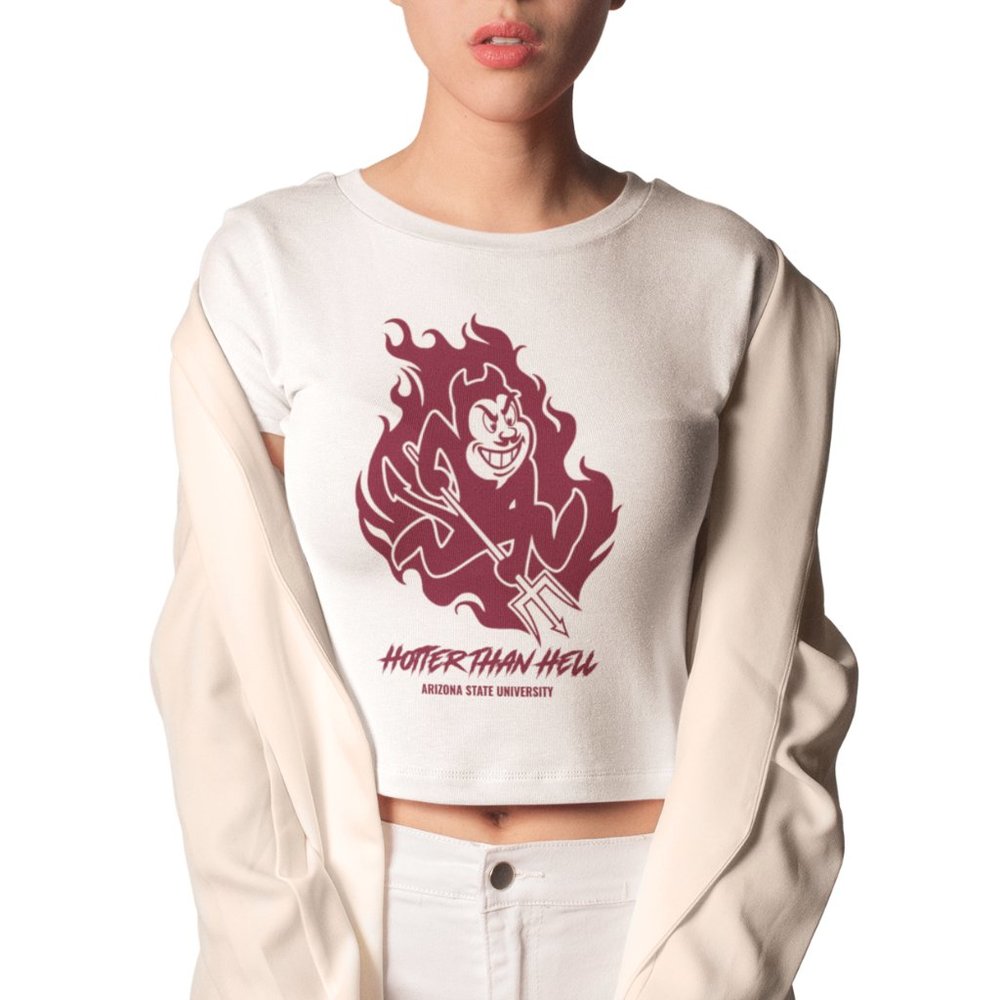 NEW Arizona State Sun Devils Hotter Than Hell Form Fit Crop Top Shirt WHITE